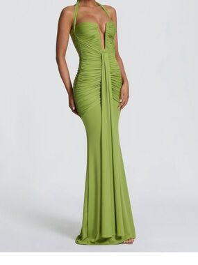 Lime Green Halter Ruched Maxi Evening Gown